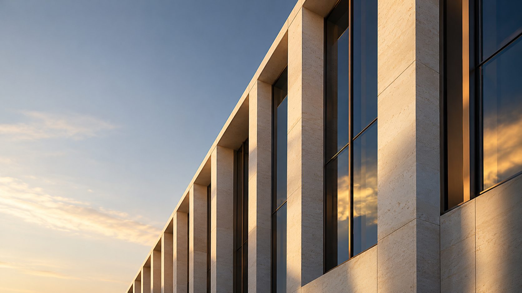 Architectural facade at sunset